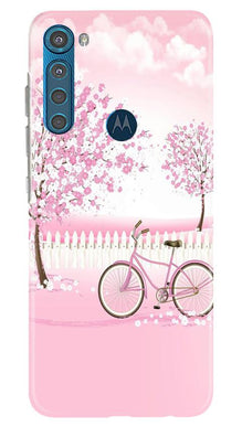 Pink Flowers Cycle Mobile Back Case for Moto One Fusion Plus  (Design - 102)