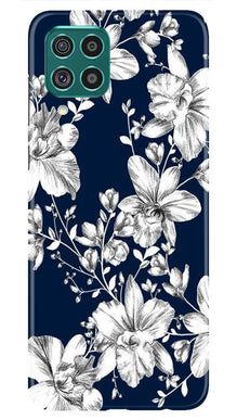 White flowers Blue Background Mobile Back Case for Samsung Galaxy F22 (Design - 14)
