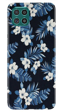 White flowers Blue Background2 Mobile Back Case for Samsung Galaxy F22 (Design - 15)