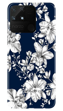 White flowers Blue Background Mobile Back Case for Realme Narzo 50A (Design - 14)