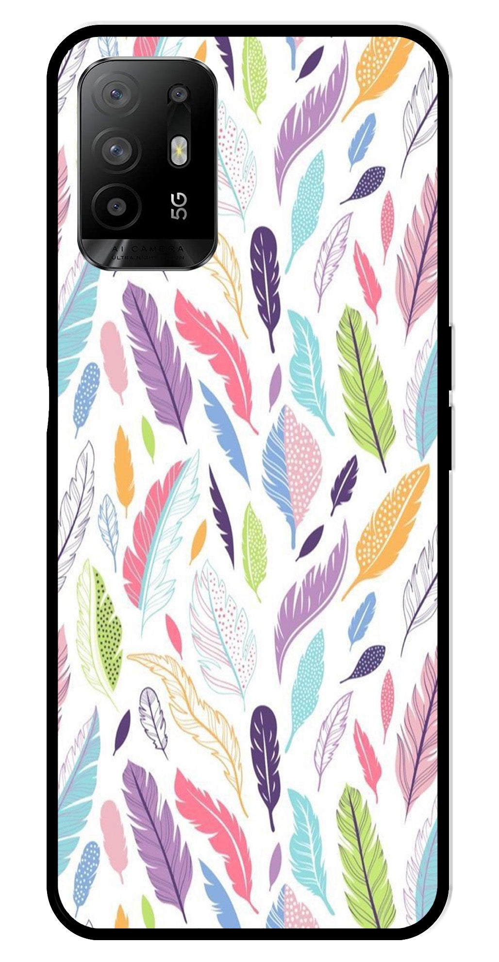 Colorful Feathers Metal Mobile Case for Oppo F19 Pro Plus   (Design No -06)