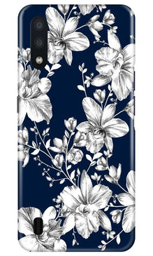 White flowers Blue Background Mobile Back Case for Samsung Galaxy M01 (Design - 14)