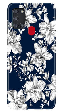 White flowers Blue Background Mobile Back Case for Samsung Galaxy A21s (Design - 14)