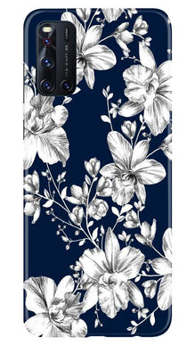 White flowers Blue Background Mobile Back Case for Vivo V19 (Design - 14)