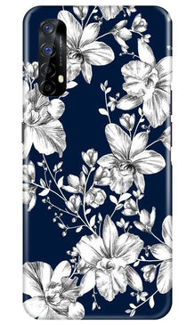 White flowers Blue Background Mobile Back Case for Realme 7 (Design - 14)