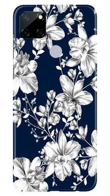 White flowers Blue Background Mobile Back Case for Realme Narzo 30a (Design - 14)