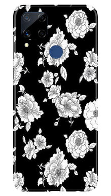 White flowers Black Background Mobile Back Case for Realme C15 (Design - 9)