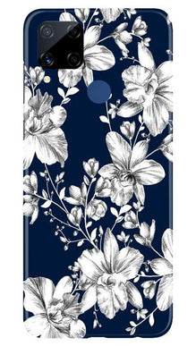 White flowers Blue Background Mobile Back Case for Realme C15 (Design - 14)