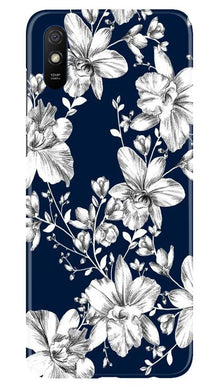 White flowers Blue Background Mobile Back Case for Xiaomi Redmi 9i (Design - 14)